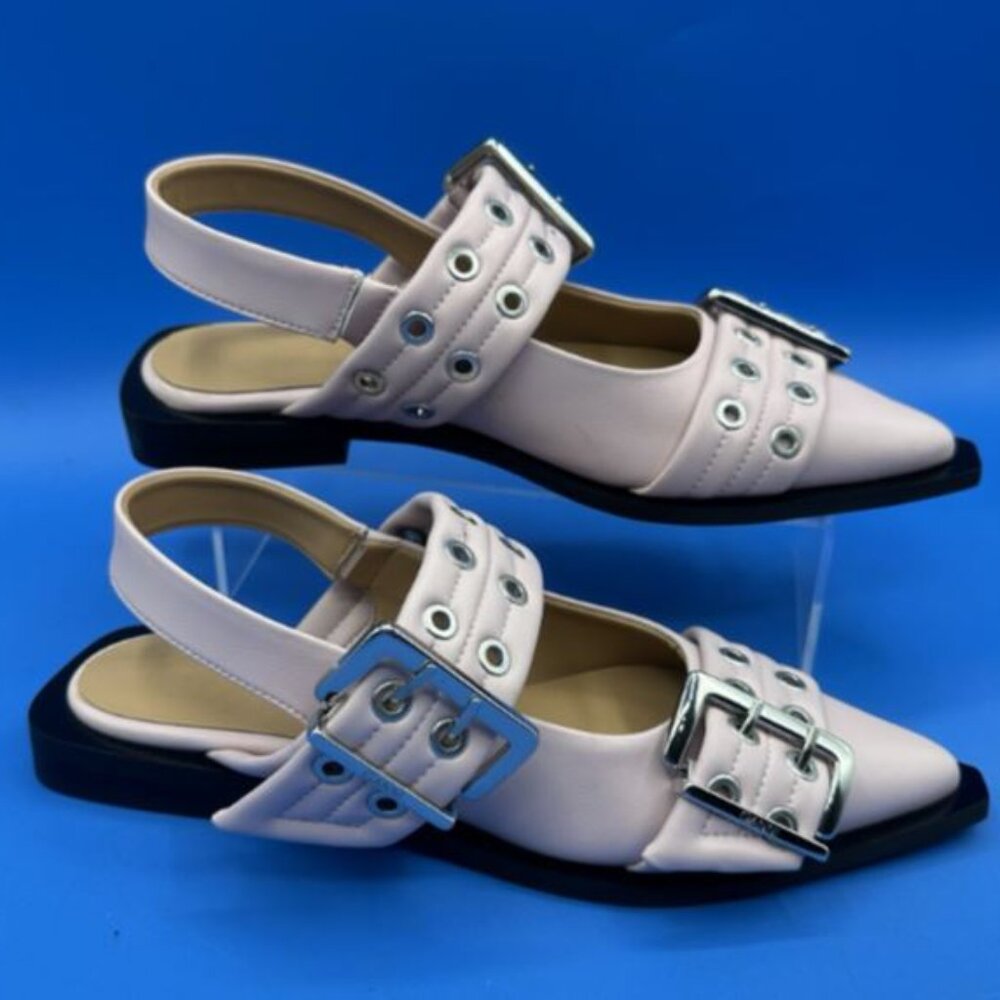 Ganni Pale Pink Buckled Pointed Slingback Flats